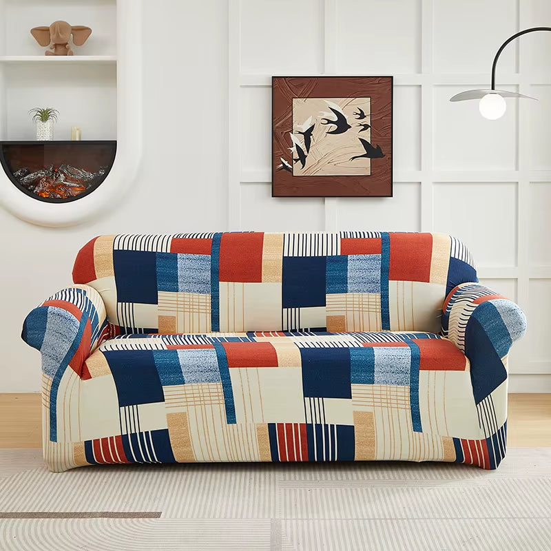 Square Lattice Printed Couch Cover Sofa Cover Elastic Slipcovers for Pets Chaselong Protector L Shape Anti-Dust Machine Washable