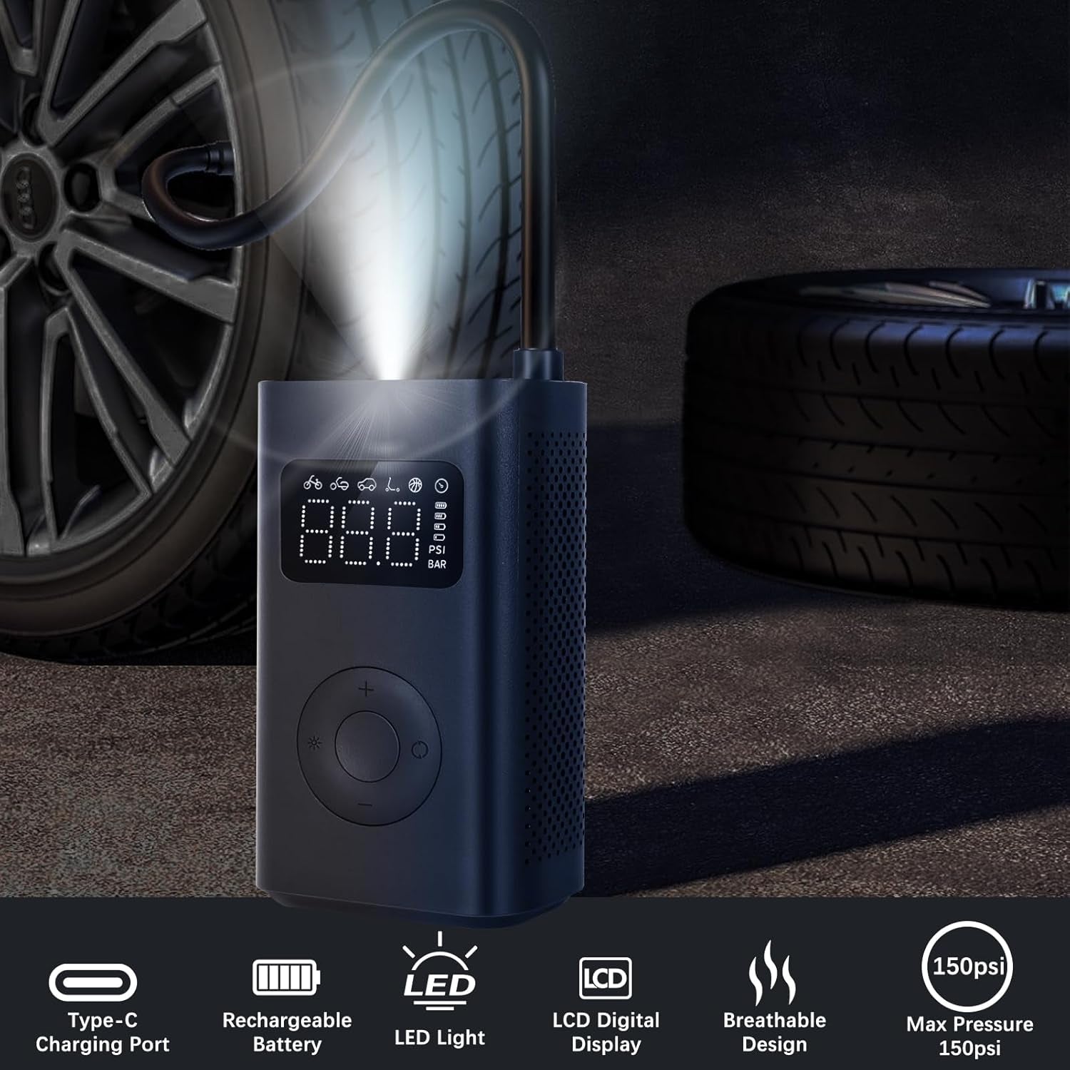 Mi Portatil Electric Air Compressor 2, Inflador Ruedas Coche 150 PSI 6 Modos Con Recargable De 2000 Mah, Compresor Con Pantalla LCD Con Sensor De Presión Para Coche, Bicicleta, Moto, Pelota (Negro)